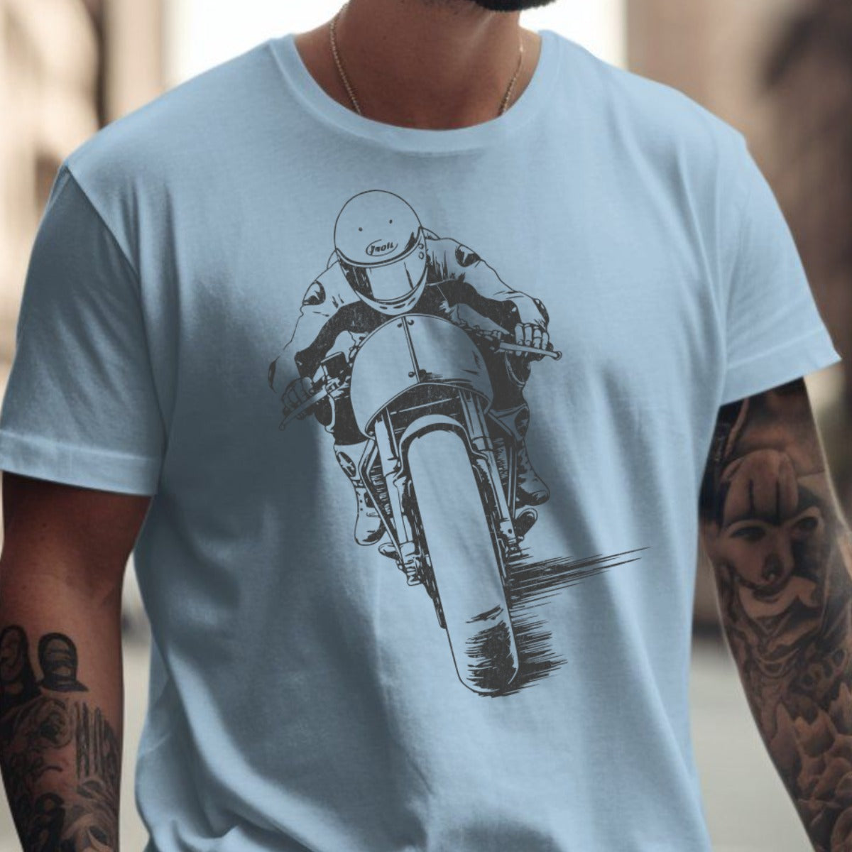 Stylish Blue T-shirt with Motorcycle Rider Graphic product