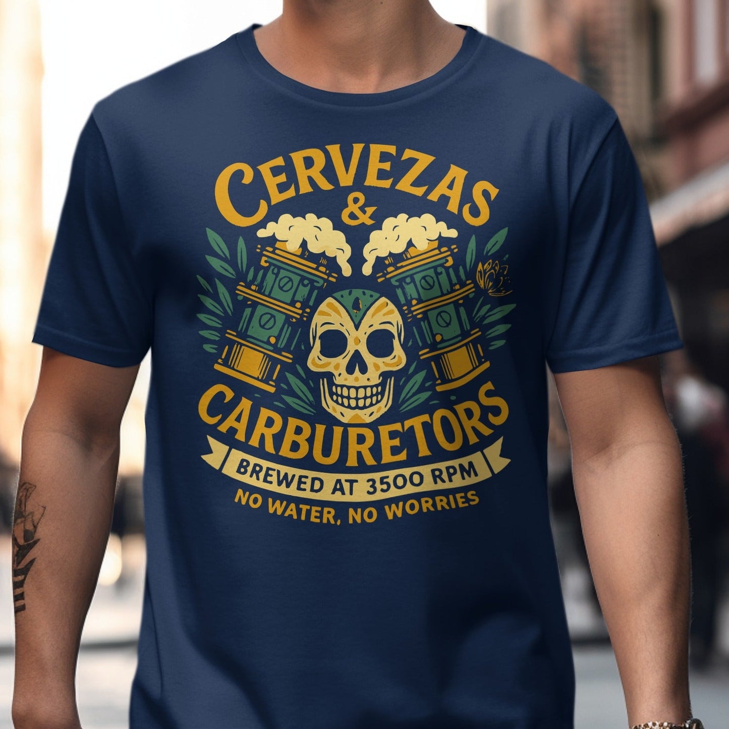 Cervezas and Carburetors Skull Graphic T-Shirt product