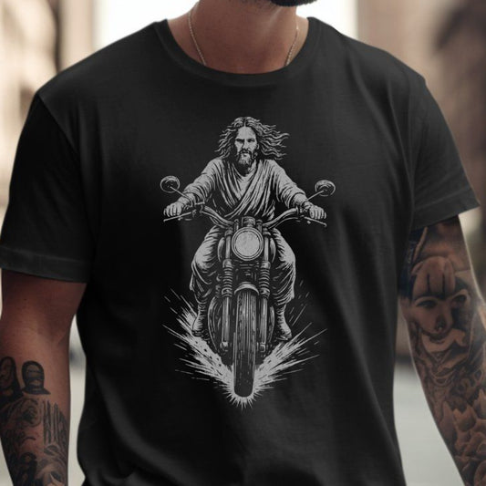 Jesus Riding Motorcycle Graphic Printed Shirt product