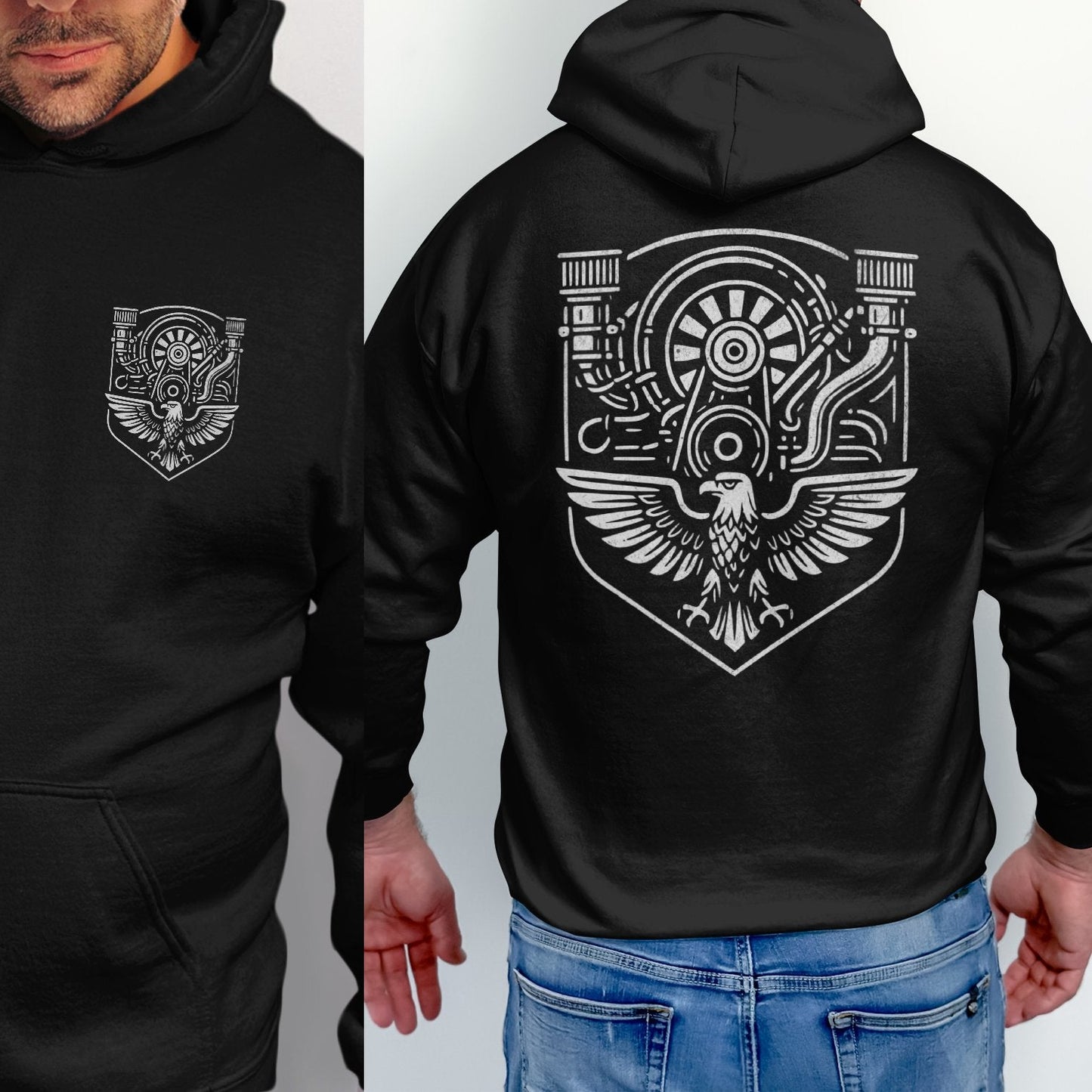 Gear and Wings Engine Design on Black Hoodie product