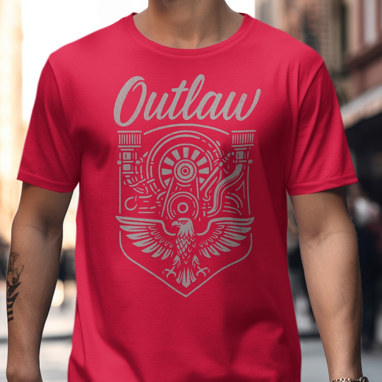 Bold Red Graphic Outlaw Design Short Sleeve Shirt product