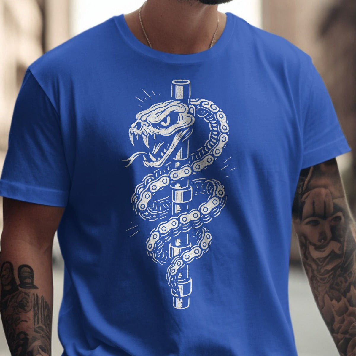 Blue T-Shirt with Serpent and Chain Design product type
