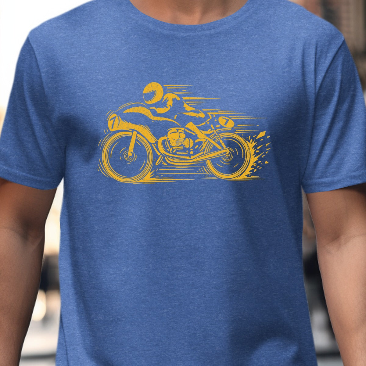 Blue Tee with Yellow Racing Motorcycle Graphic product