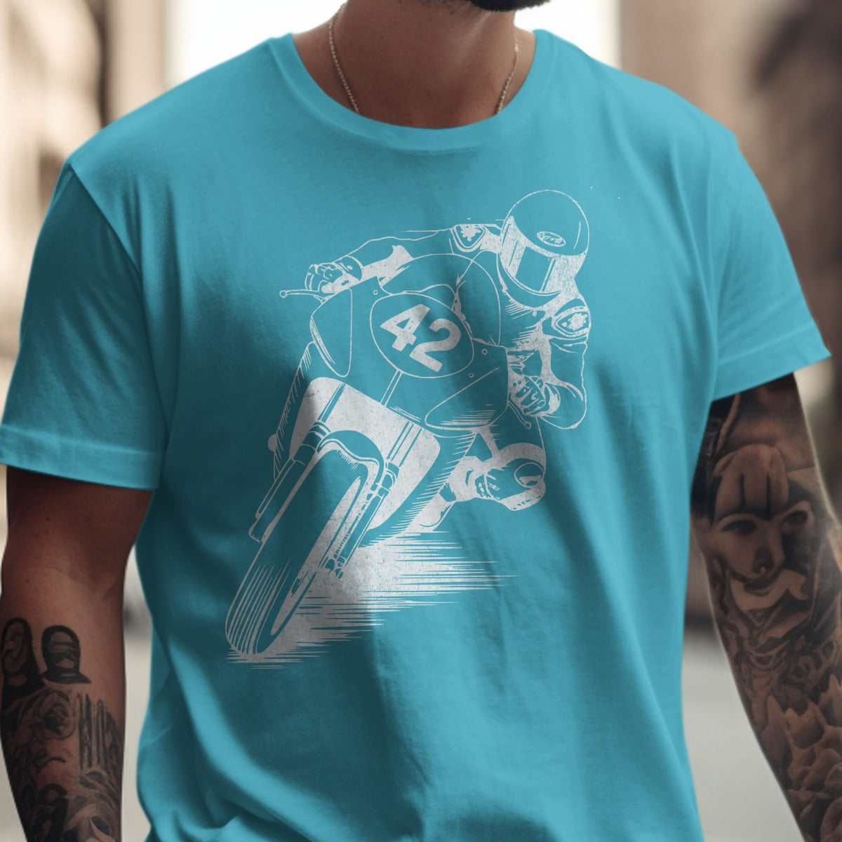 Cool Racing Motorcycle Graphic Teal T-shirt product type