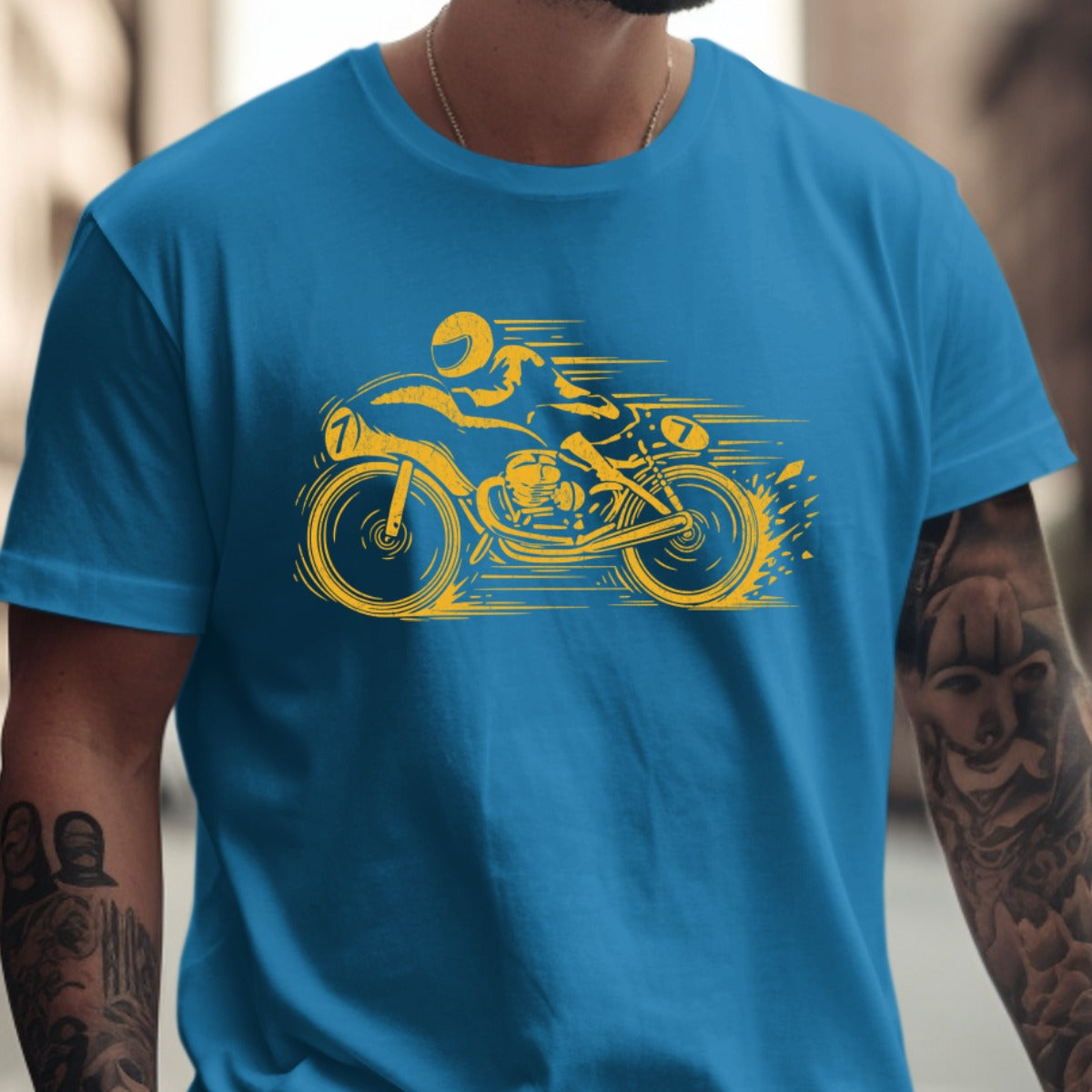 Motorcycle Racing T-Shirt with Bold Yellow Design product type