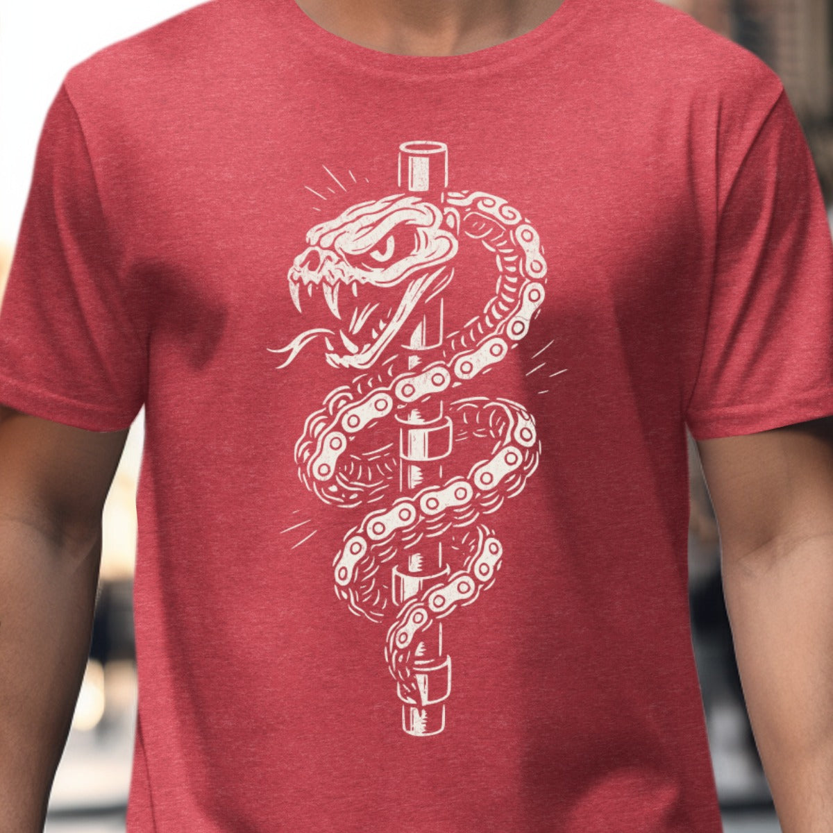 Red T-Shirt with Artistic Snake and Chain Design product type