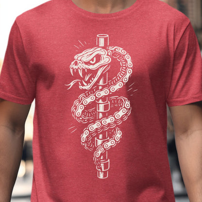 Red T-Shirt with Artistic Snake and Chain Design product type