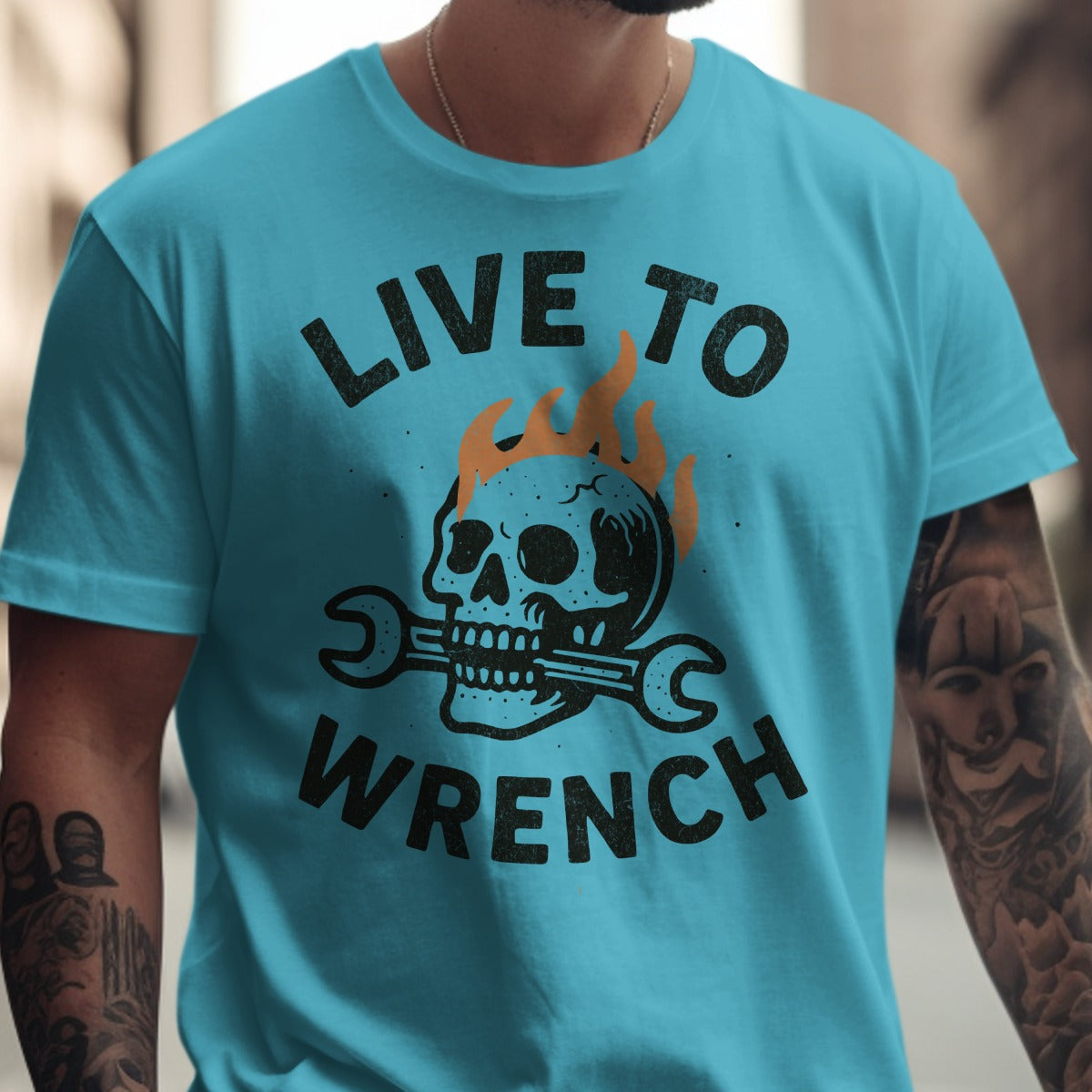 Live to Wrench Skull with Flames Graphic T-Shirt