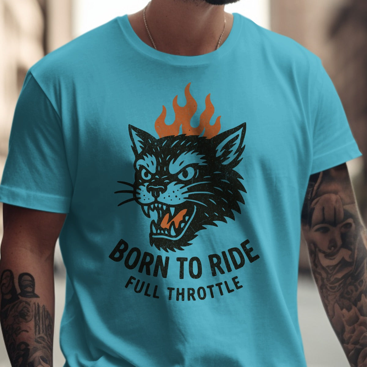 Born to Ride Full Throttle Cat Design T-Shirt