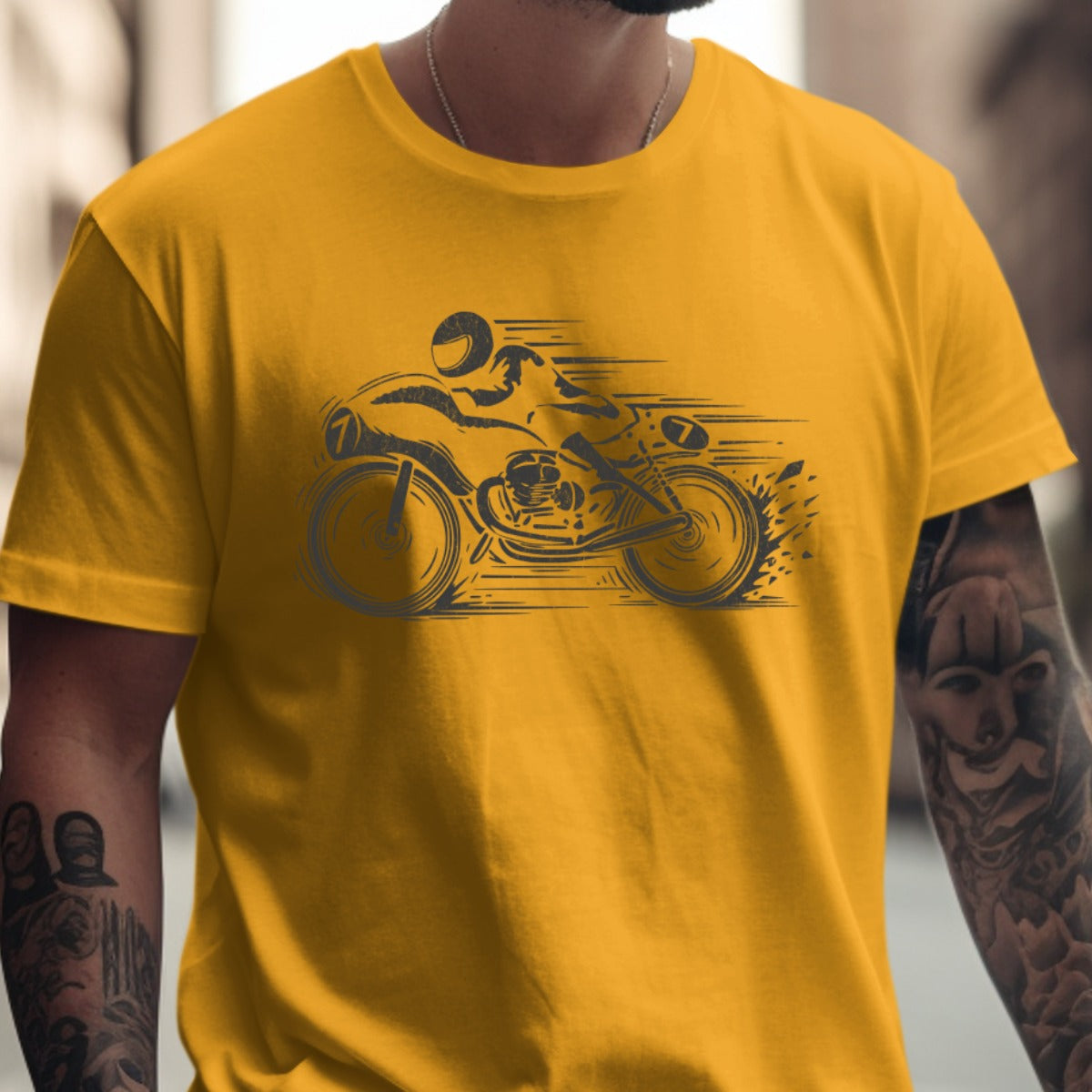 Bold Yellow Tee with Retro Motorcycle Graphic product type