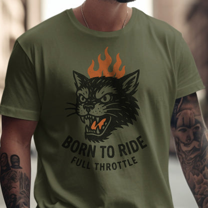 Born to Ride Full Throttle Cat Design T-Shirt
