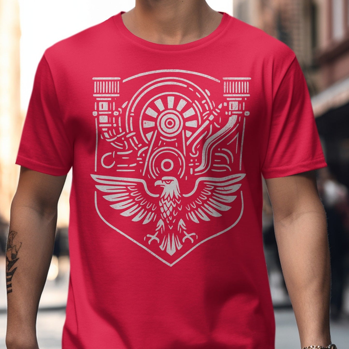 Red Graphic Tee with Intricate Engine and Bird product type