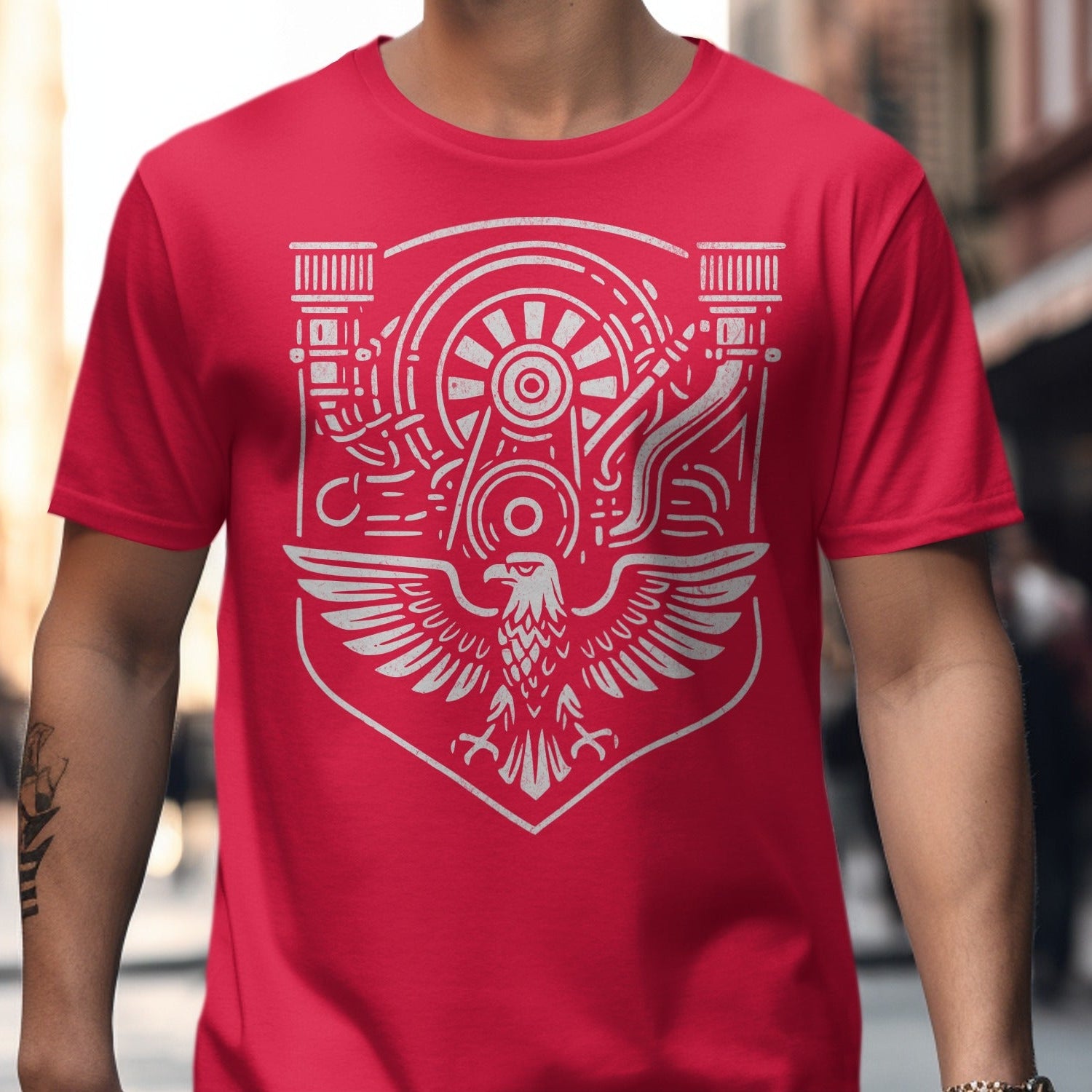 Red Graphic Tee with Intricate Engine and Bird product type