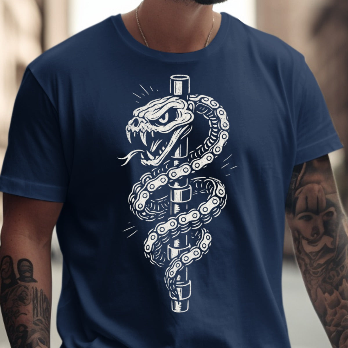 Striking Snake and Chain Design Deep Blue Shirt Product