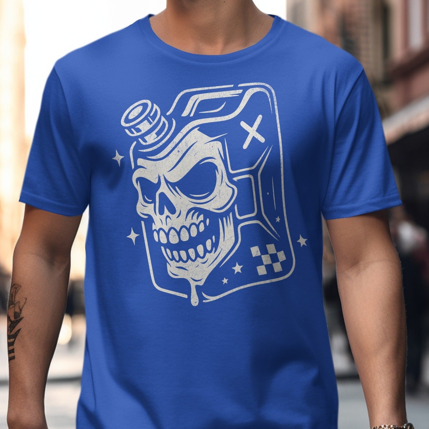 Blue T-Shirt with Skull and Fuel Can Design product type