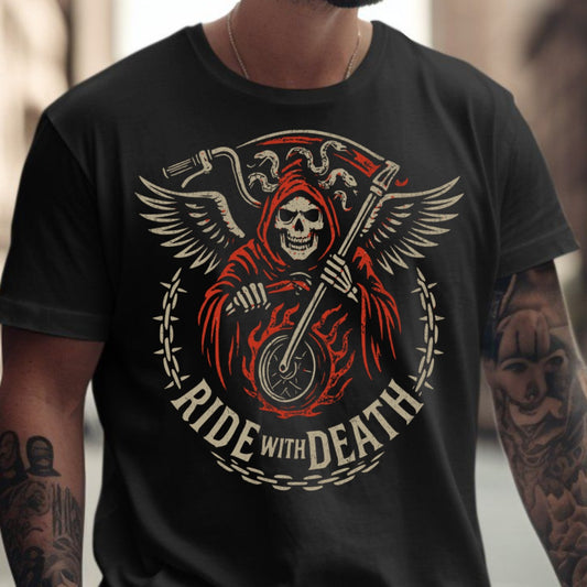 Ride with Death Skull Biker Tee Shirt product type