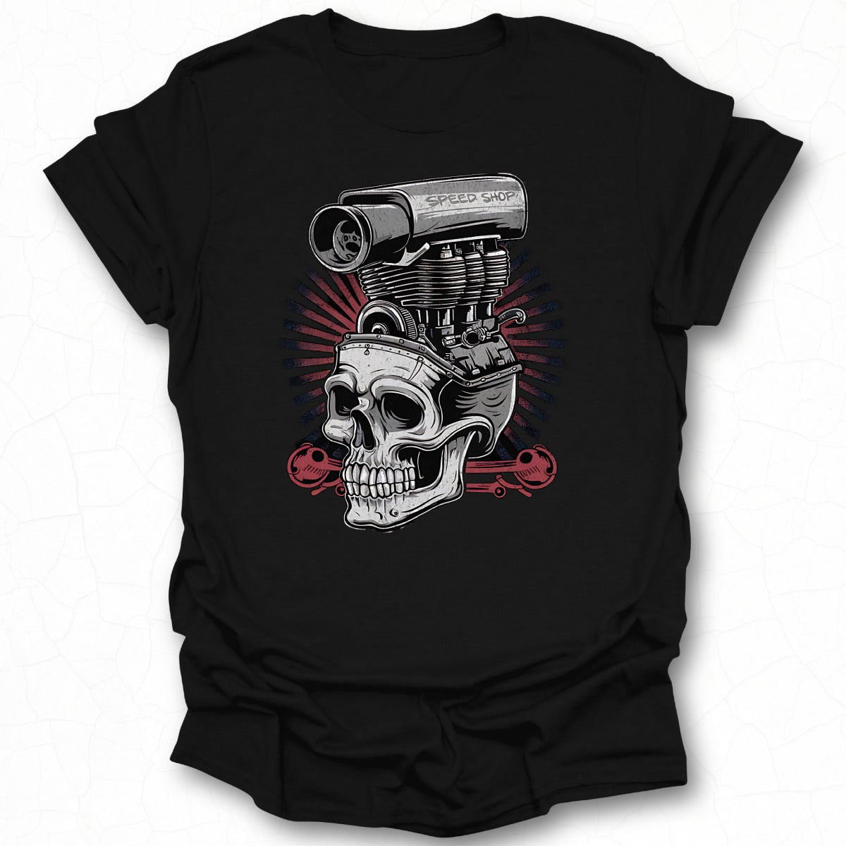 Skull Print T-Shirt with Engine Graphic on Front