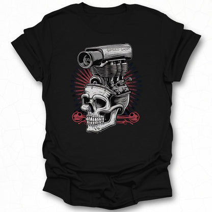 Skull Print T-Shirt with Engine Graphic on Front
