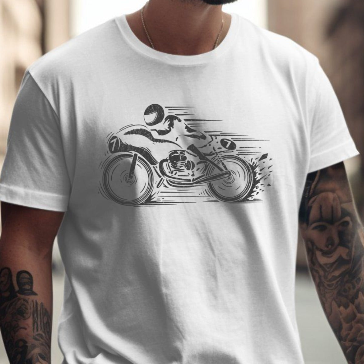 Speeding Motorcycle Graphic on White T-Shirt product type