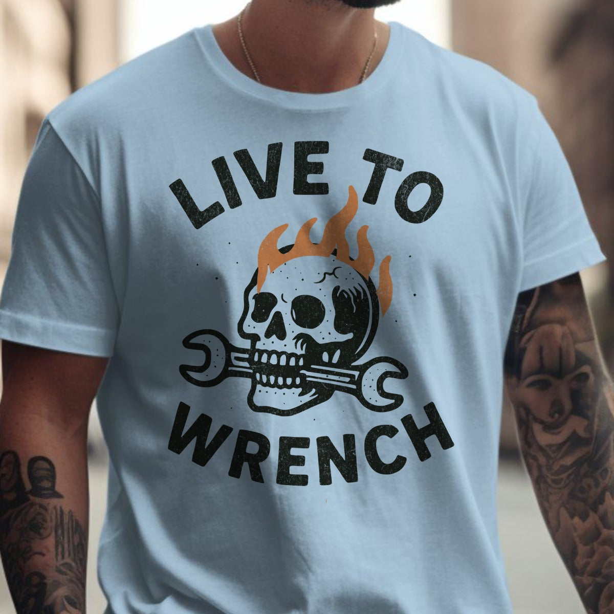 Live to Wrench Skull with Flames Mechanic Shirt