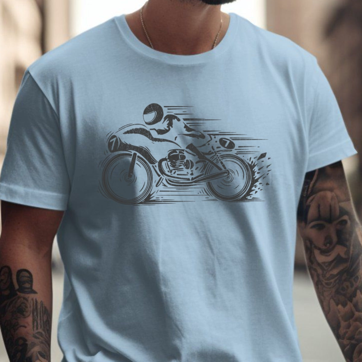 Stylish Motorcycle Racing Graphic on Cool Blue T-shirt product