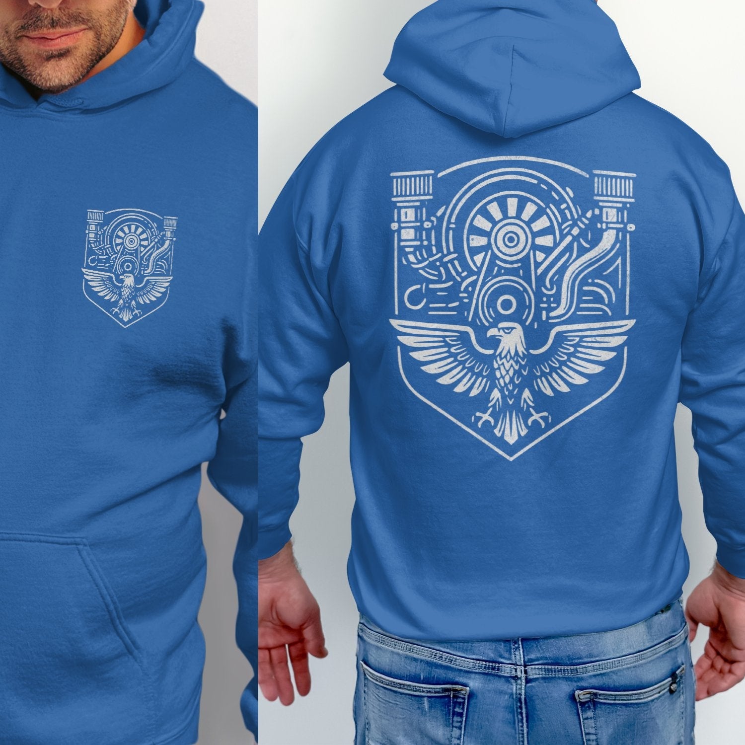 Blue Hoodie with Intricate Machinery and Eagle Design product