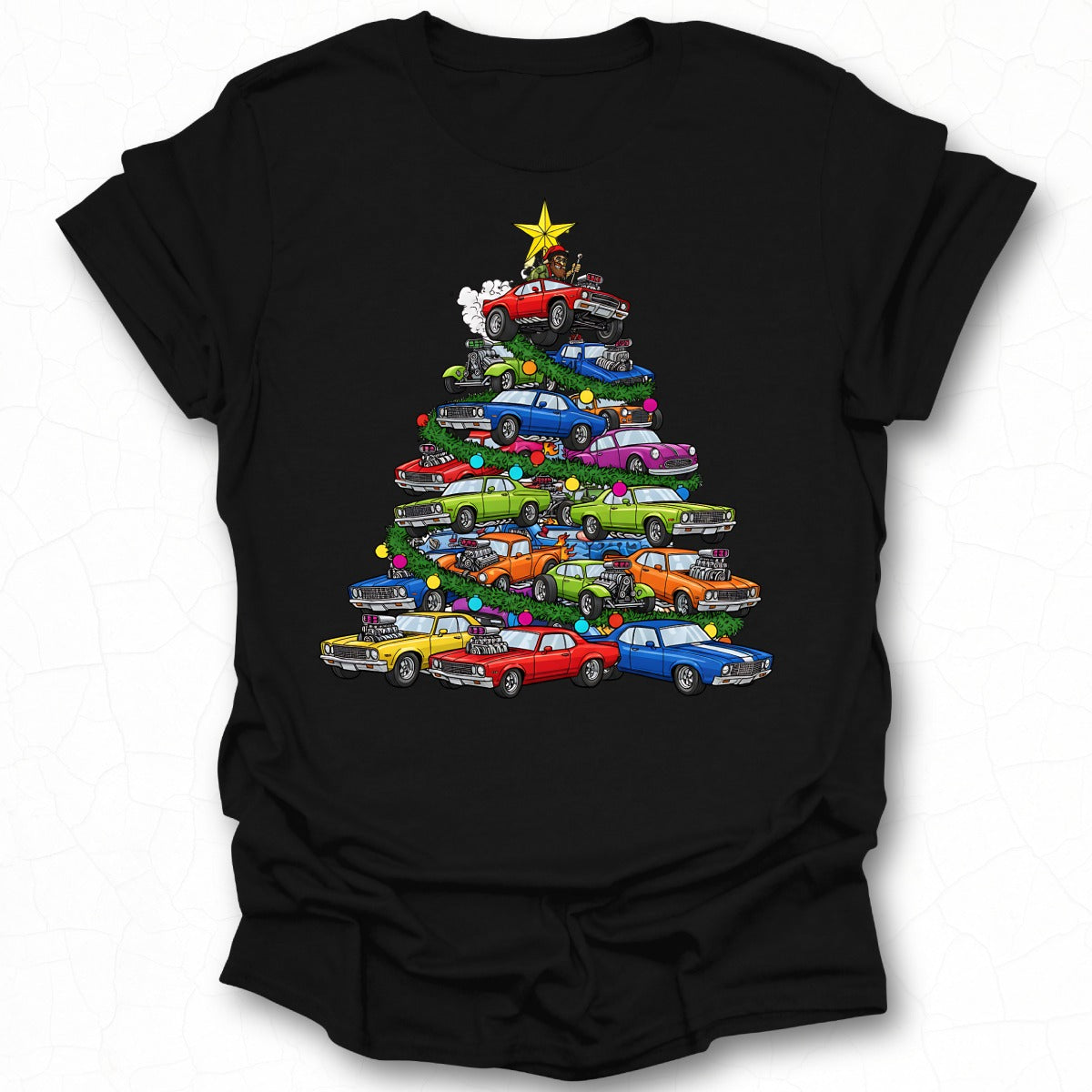 Festive Holiday Car Stack Christmas Tree Graphic Shirt