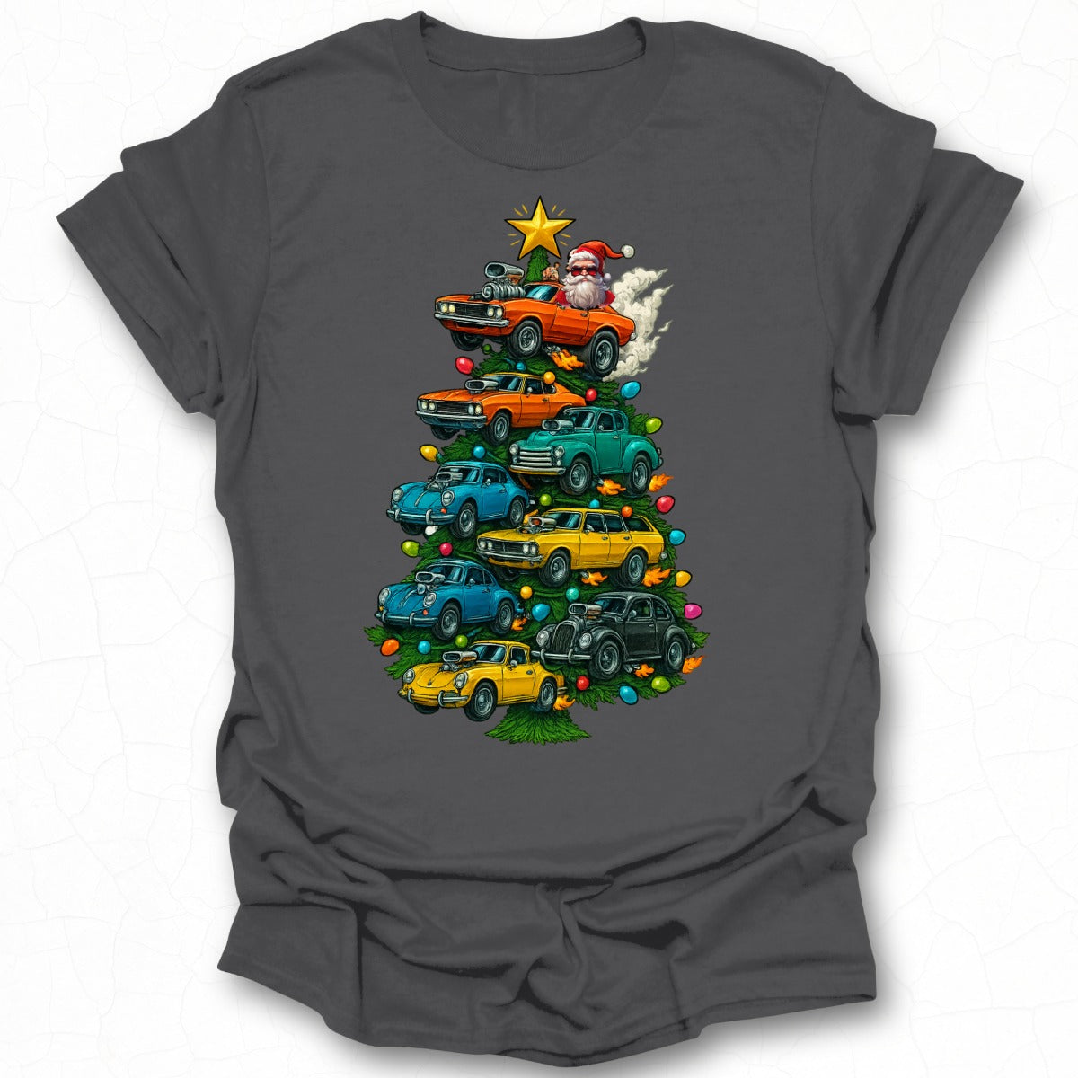 Vintage Car Christmas Tree Santa Graphic T-Shirt