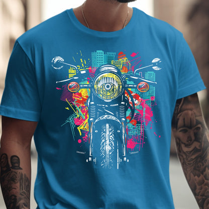 Vibrant City Motorcycle Graphic on Blue TShirt Product