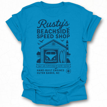Rusty's Beachside Speed Shop graphic tee shirt