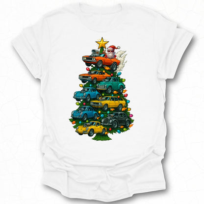 Santa and Cars Christmas Tree Graphic T-Shirt