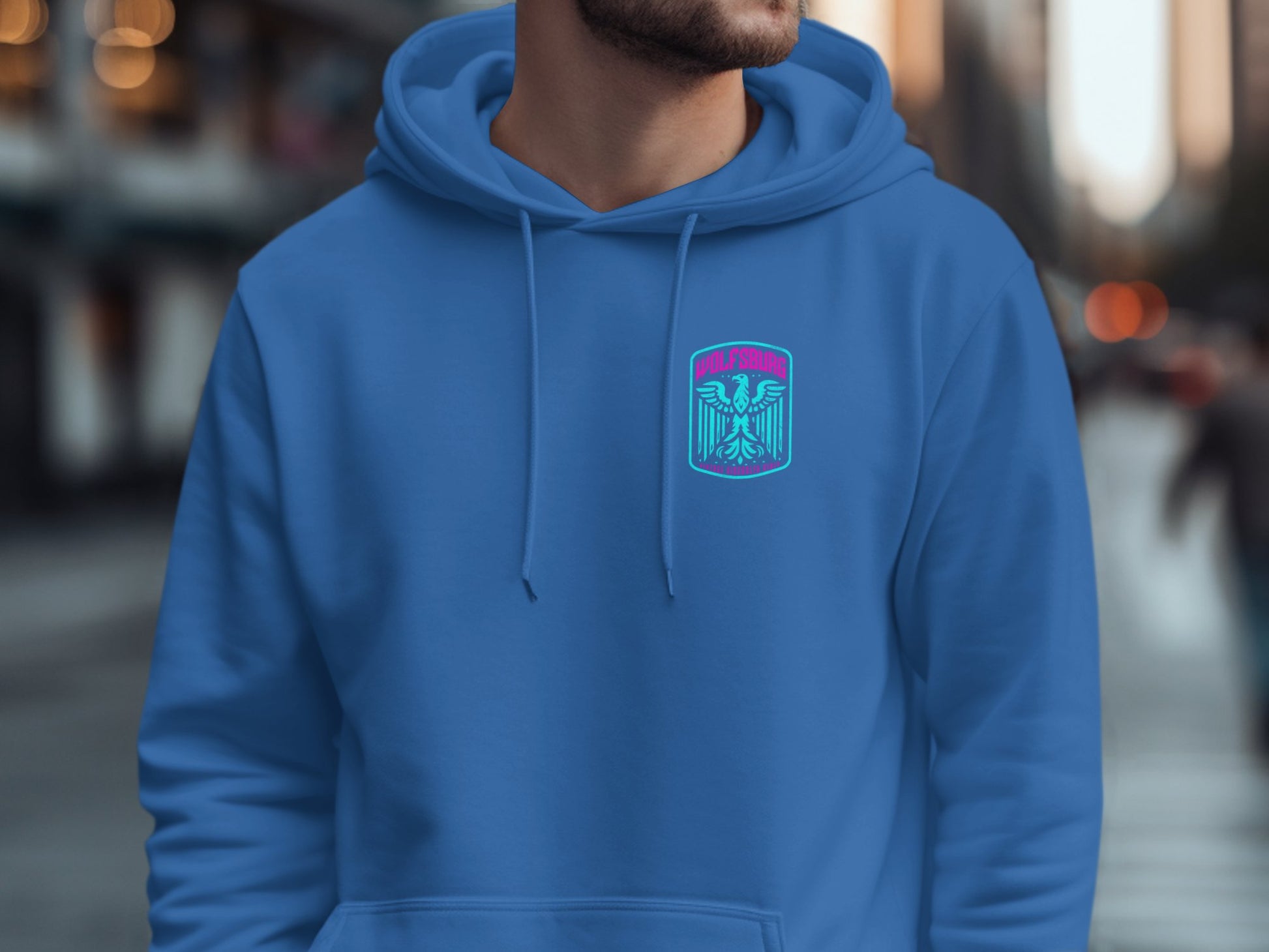 Stylish blue hoodie with unique logo design product