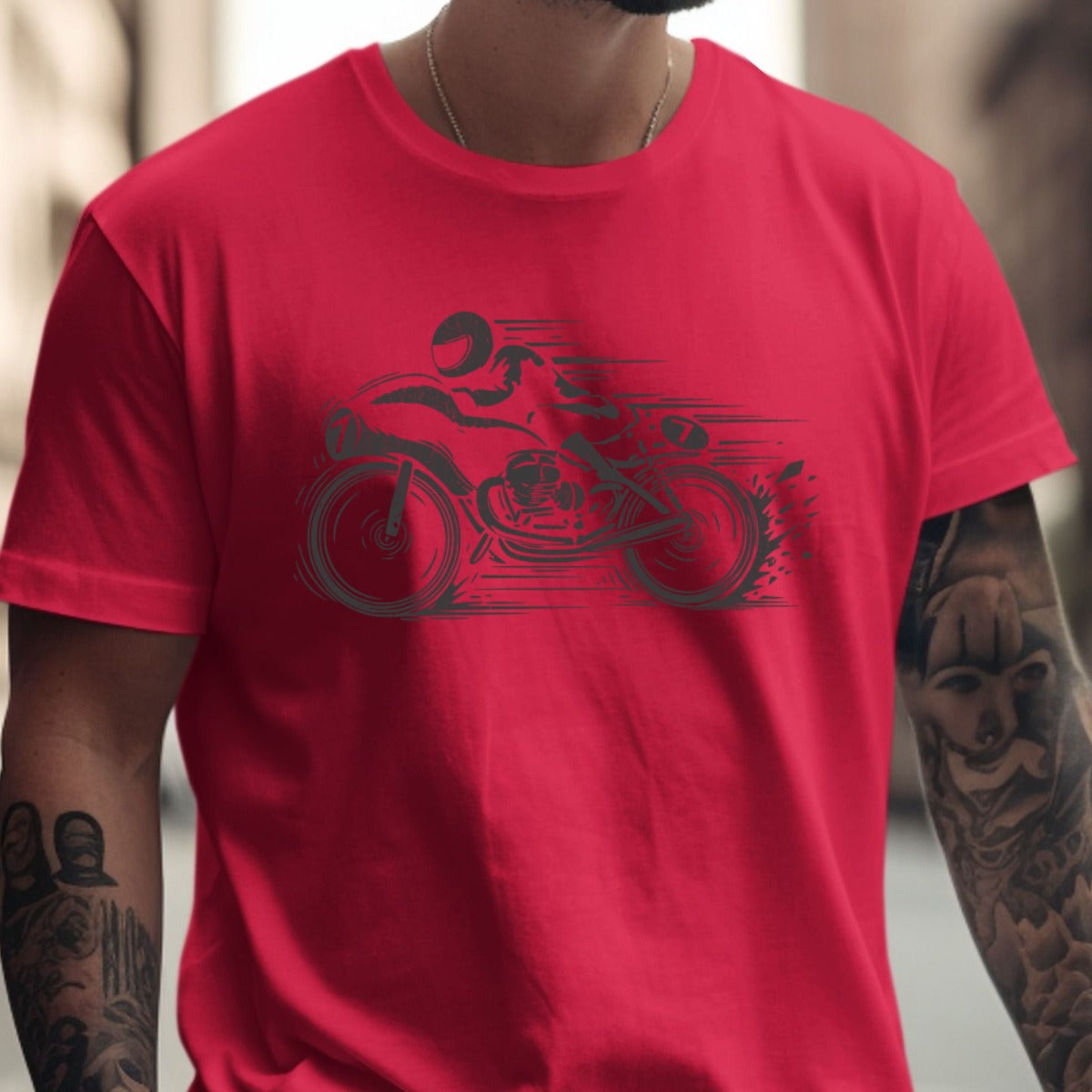 Red Graphic Tee With Speeding Motorcycle Design product type