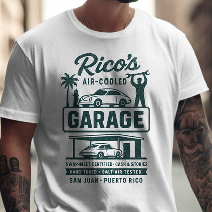 Rico's Air-Cooled Garage T-Shirt for Car Enthusiasts