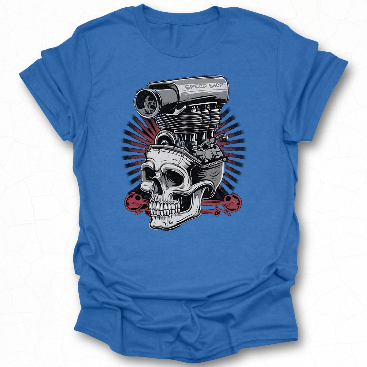 Skull Engine Design Graphic T-shirt for Speed Shop Fans